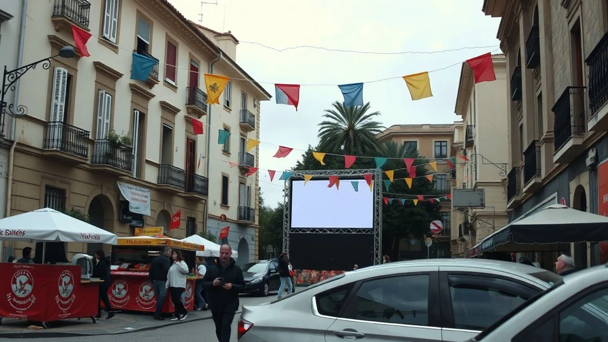 Imagen ilustrativa: ambiente festivo en una calle de Ontinyent con banderines y un puesto de comida, sin personas reconocibles.