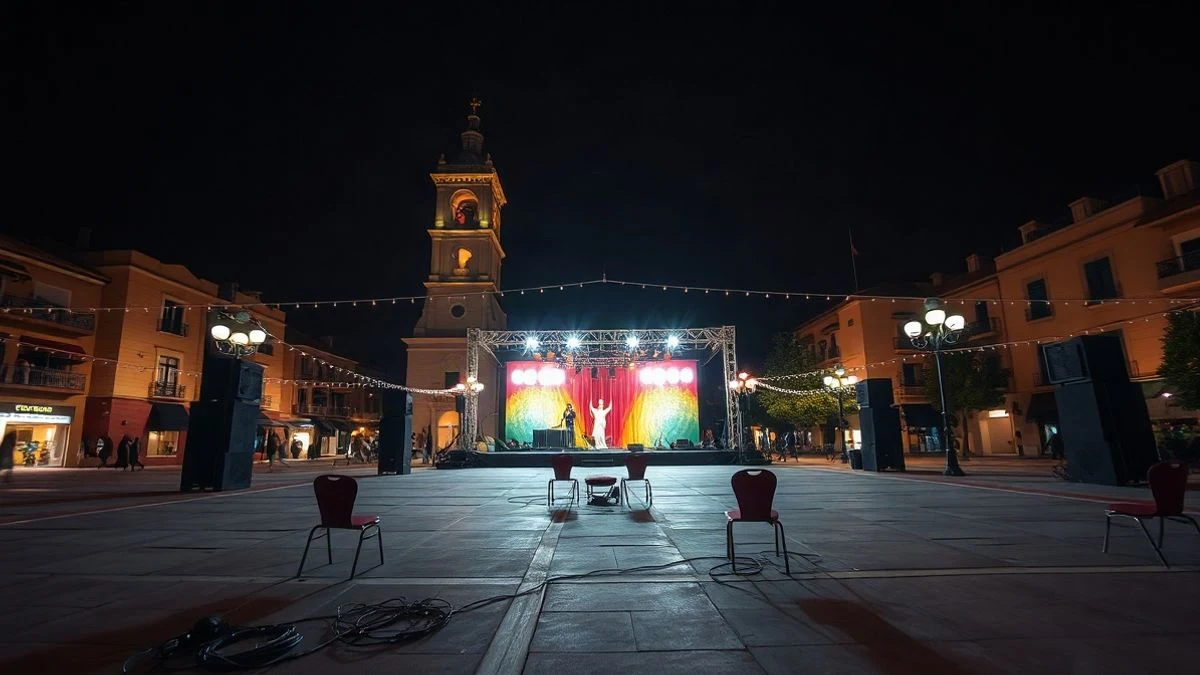 Imagen ilustrativa: plaza española con escenario vacío y luces de fiesta por la noche