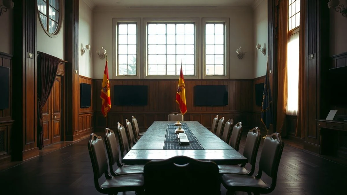 Imagen ilustrativa: sala de plenos vacía de un ayuntamiento con luz lateral de ventana