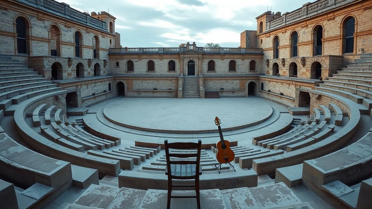 Imagen ilustrativa: escenario de un teatro romano antiguo con una silla de madera y una dulzaina, iluminado por la luz del atardecer.