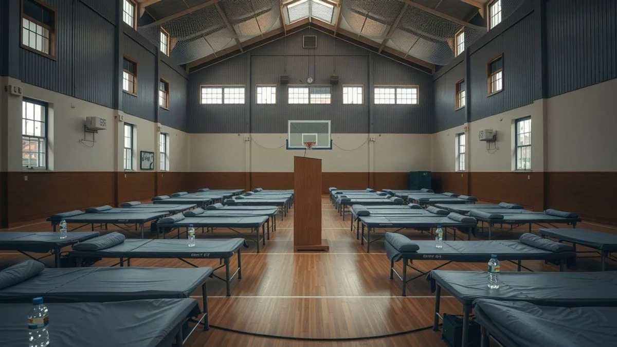 Imagen ilustrativa: interior de un polideportivo acondicionado como albergue con camas y mesas, sin personas