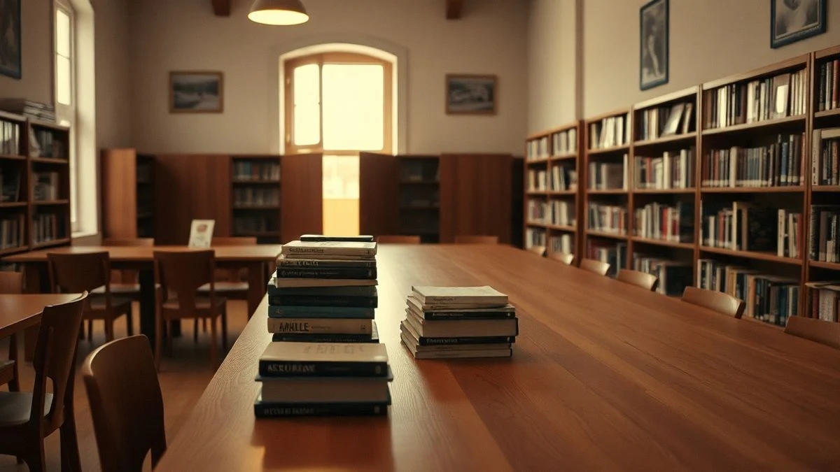 Imagen ilustrativa: interior de una biblioteca con mesa de madera y libros apilados, luz lateral de ventana.