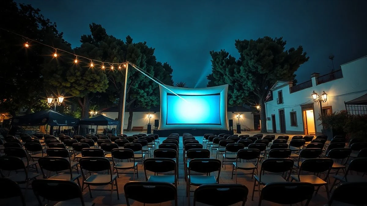 Imagen ilustrativa: terraza de cine al aire libre de noche con sillas vacías y pantalla iluminada