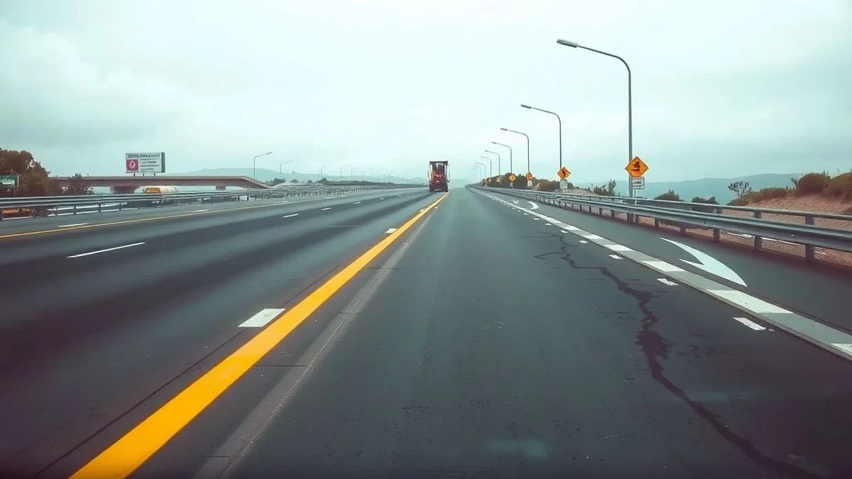 Imagen ilustrativa: tramo de autovía con asfalto recién extendido y una máquina compactadora en obras.