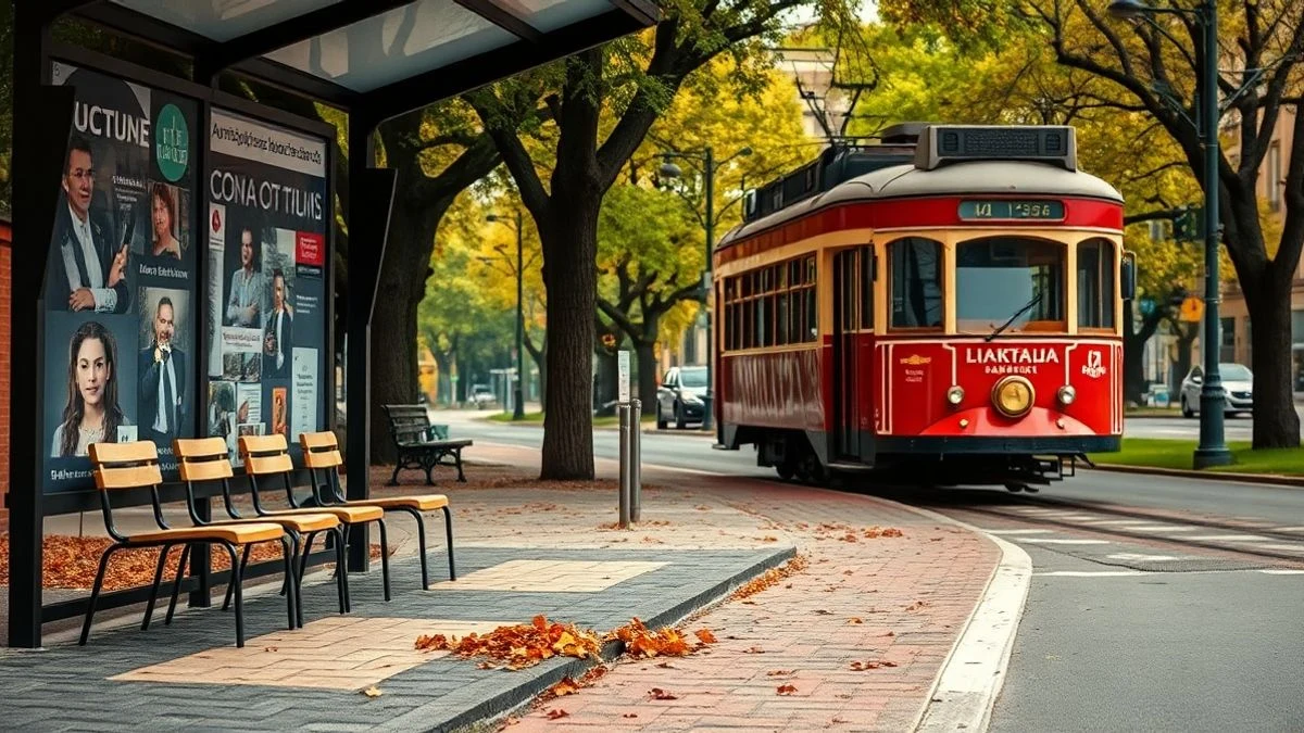 Imagen ilustrativa: una parada de tranvía antiguo con un vehículo al fondo y sillas vacías en un parque urbano.
