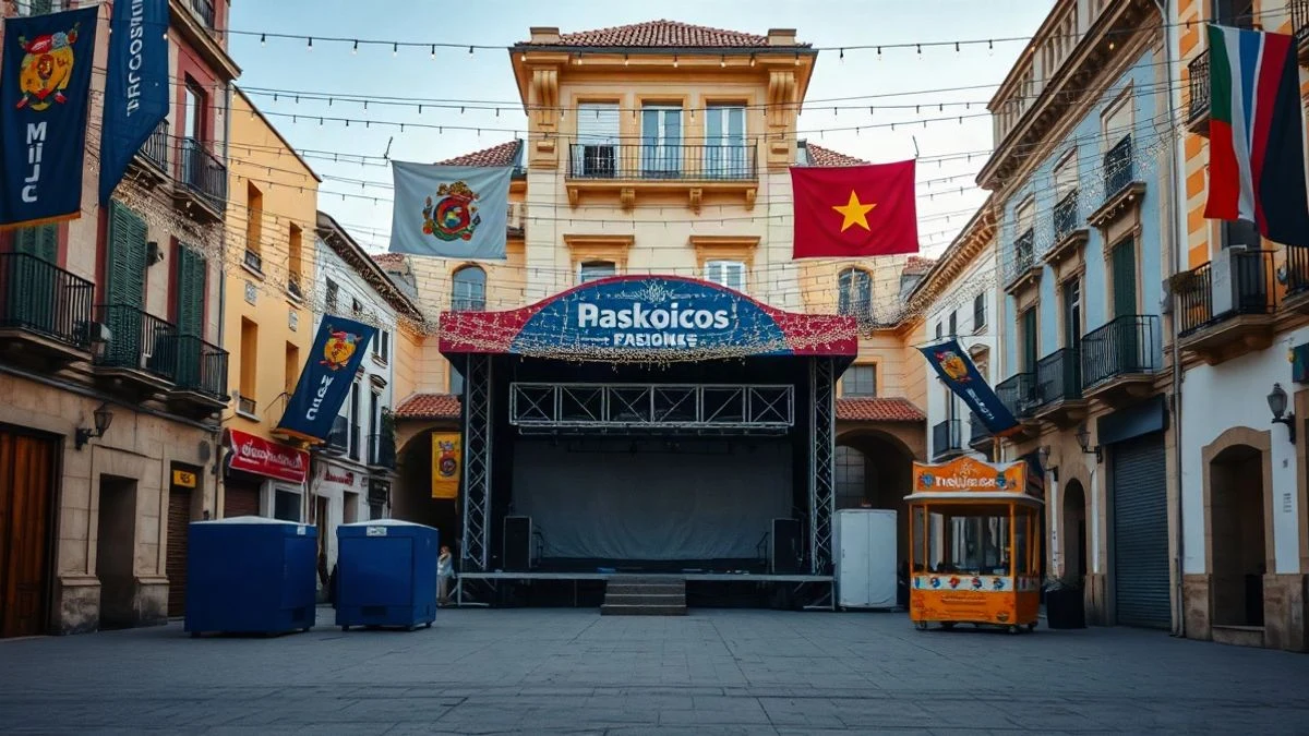 Imagen ilustrativa: plaza de un pueblo español engalanada con luces para unas fiestas patronales, con un escenario vacío al fondo.