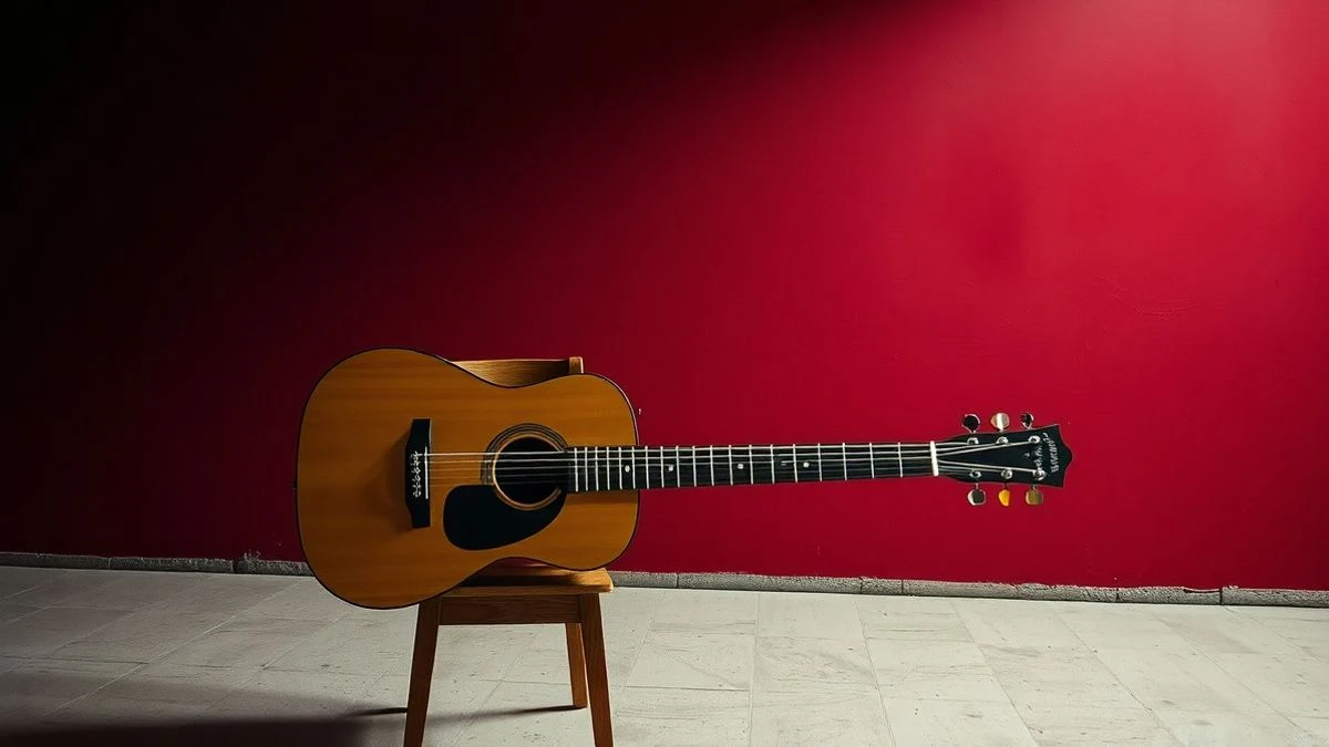 Imagen ilustrativa: guitarra acústica sobre una silla en un escenario vacío con telón de terciopelo rojo