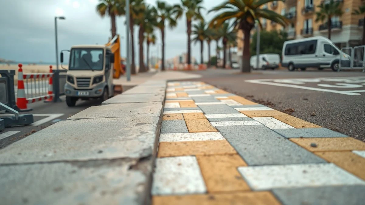 Imagen ilustrativa: paseo marítimo en obras con nuevas baldosas y maquinaria de construcción en un día nublado