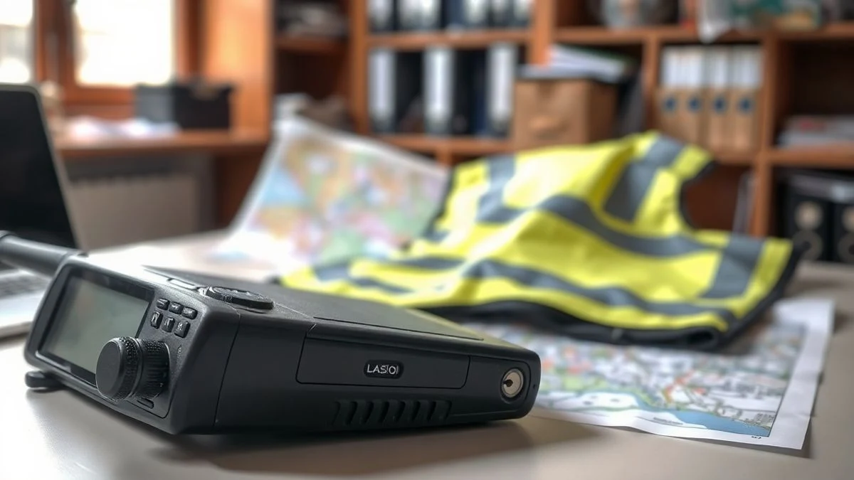 Imagen ilustrativa: una radio portátil de comunicaciones sobre una mesa con un mapa y un chaleco reflectante, en una oficina municipal.
